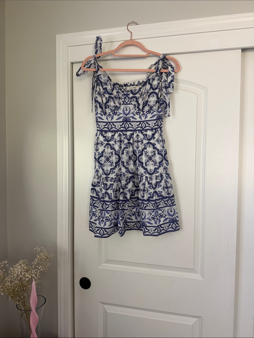 Francesca's Collections Blue and White Tie-Shoulder Mini Dress